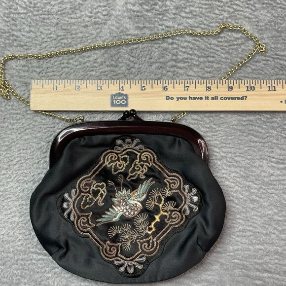 Vintage Black Silk Bag Gold Chain Classy Chic Festival Unique Glamorous Hand Bag - Picture 5 of 8